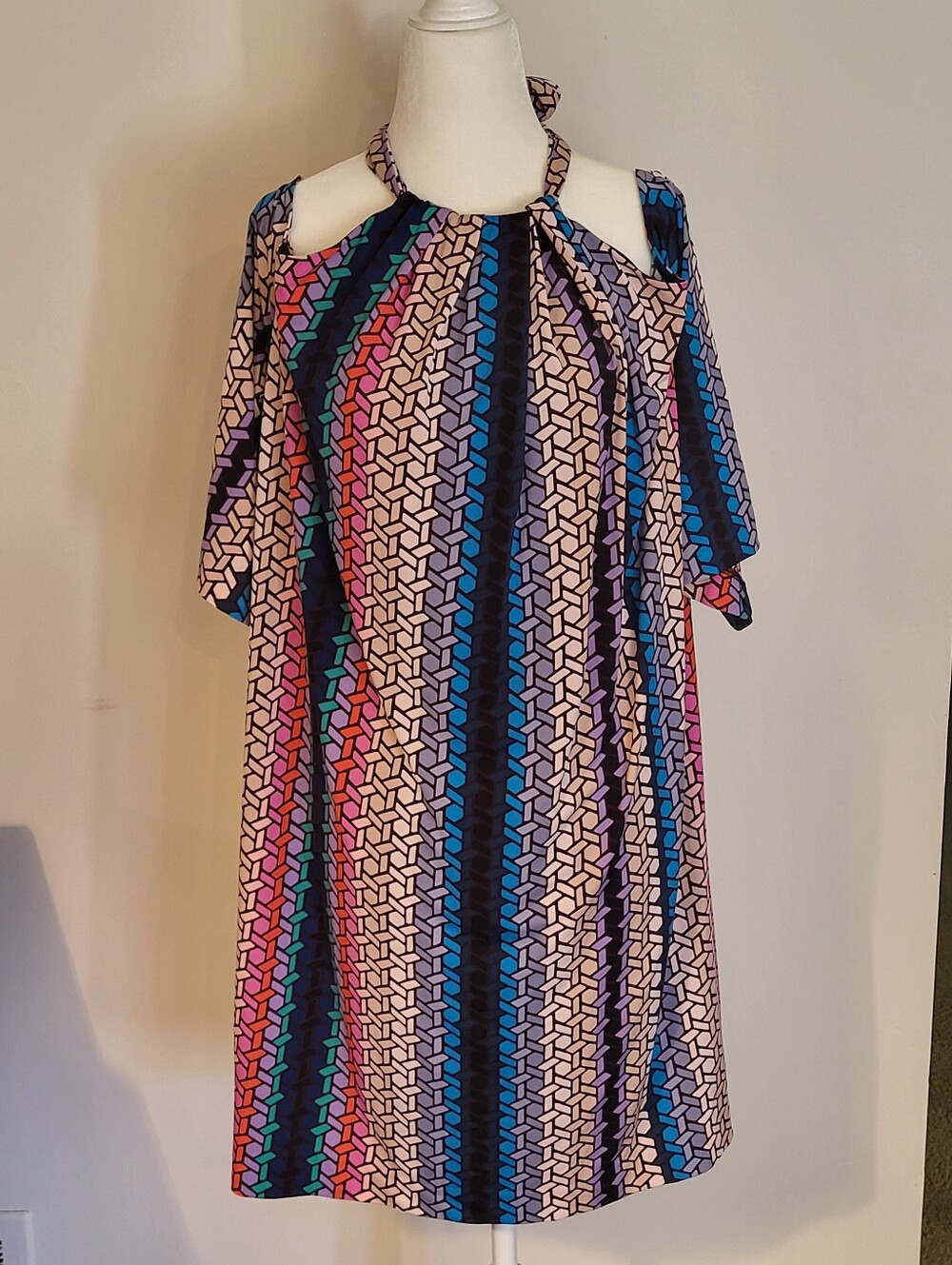 Trina Turk Spirit Shift Dress M Rainbow Geometric Cold Shoulder NWT